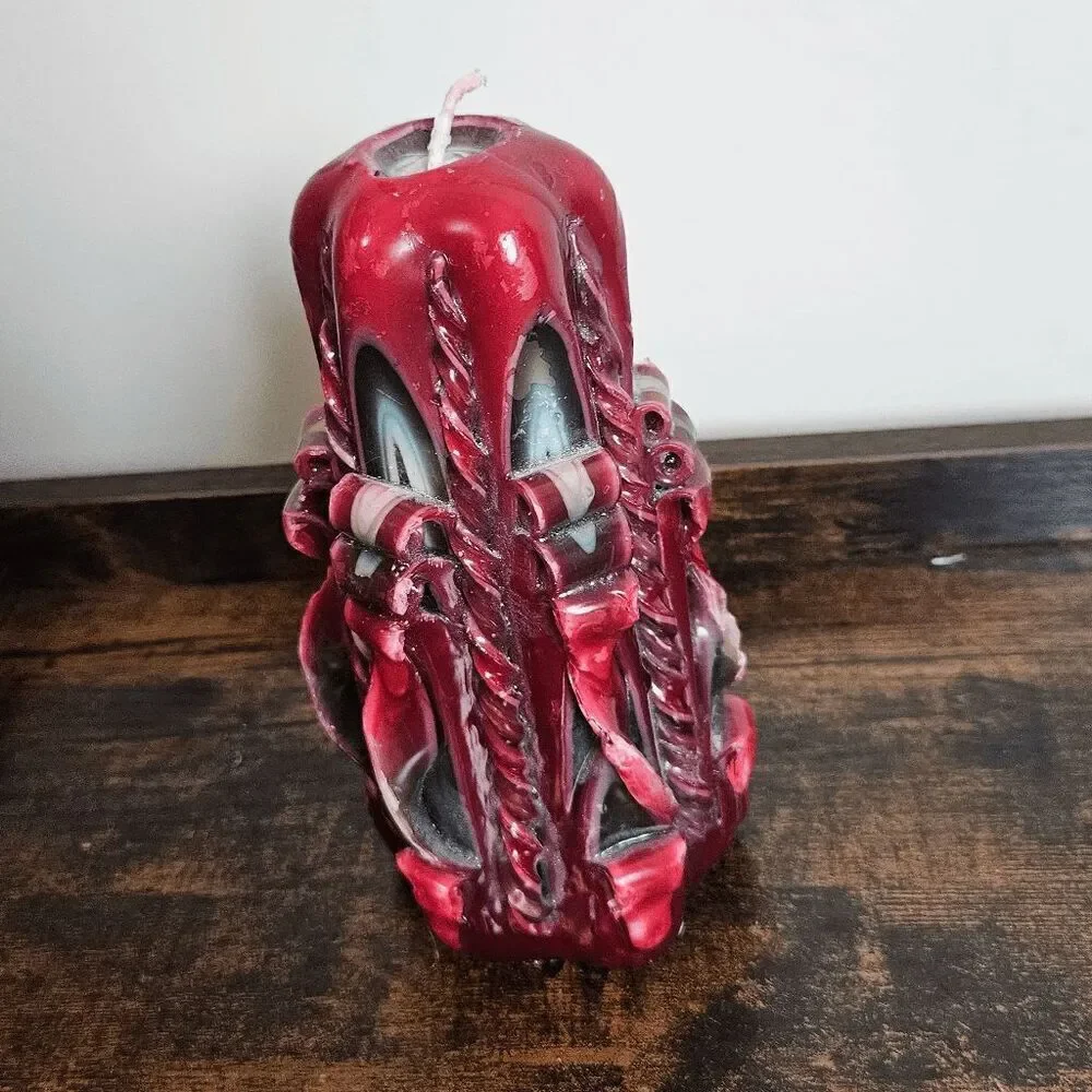 Carved Ribbon Wax Pillar Candle Red 7